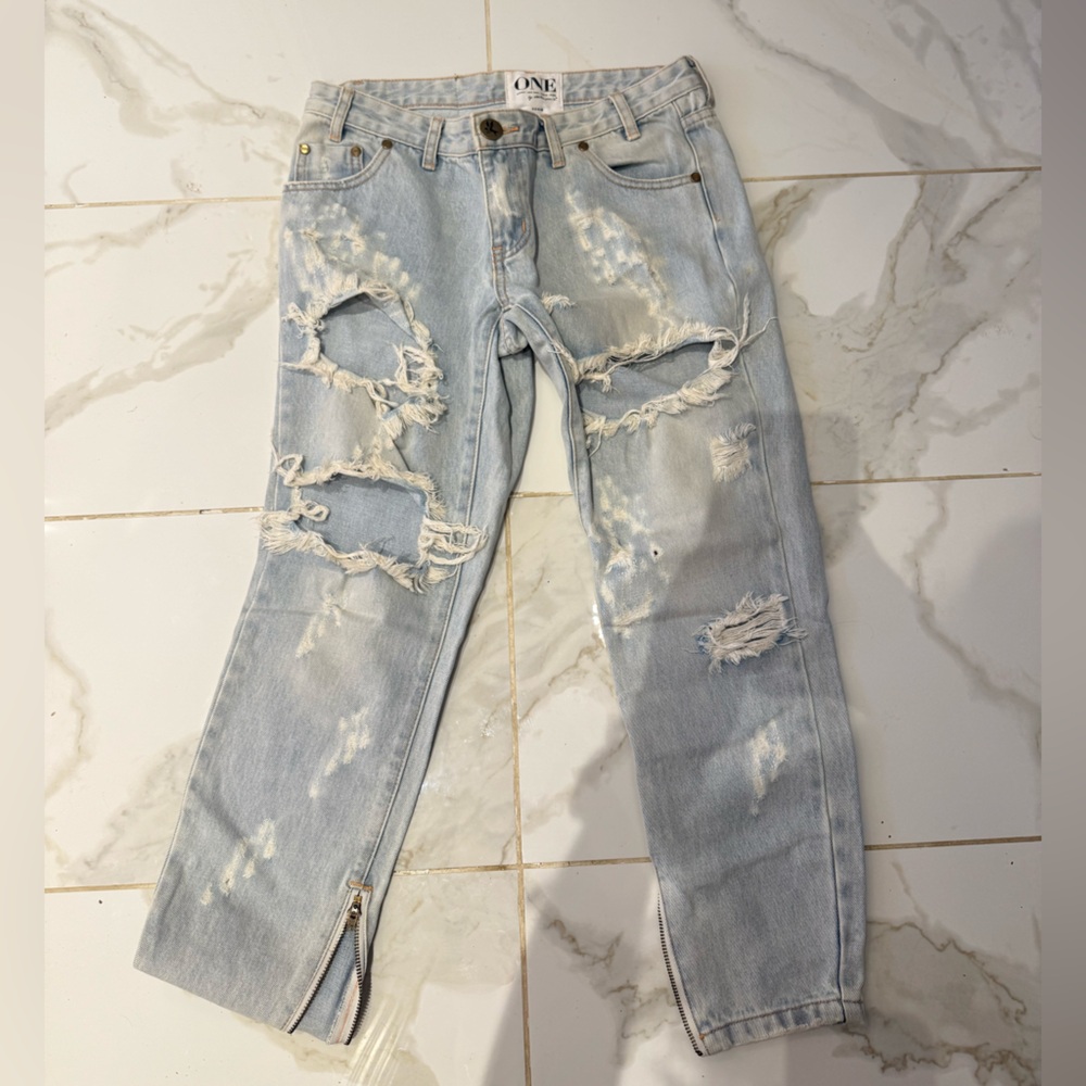 One Teaspoon Light Blue Distressed Boyfriend Jeans